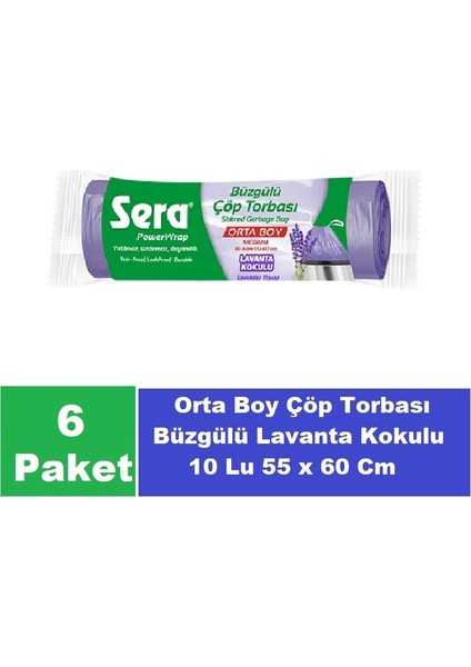 Çöp Torbası Büzgülü Lavanta Kokulu Orta Boy 10 Lu 55 x 60 cm x 6 Paket