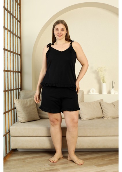 %100 Pamuk Ip Askılı Büyük Beden Şortlu Kadın Pijama Takımı- Geniş Beden Aralığı modelleri