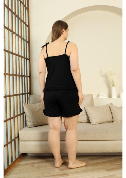 %100 Pamuk Ip Askılı Büyük Beden Şortlu Kadın Pijama Takımı- Geniş Beden Aralığı fırsatları