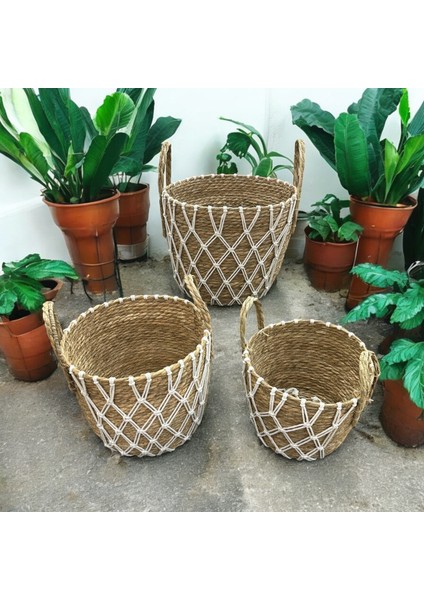 Natelie - 3'lü Hasır Makromeli Sele Saksılık Seti Beyaz - 33