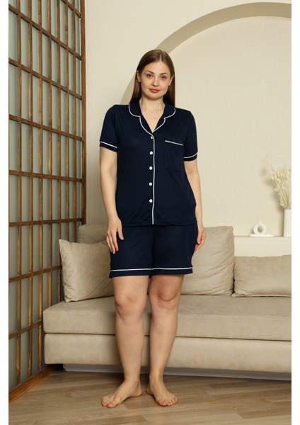 Büyük Beden Kısa Kollu Gömlek Şort Kadın Pijama Takımı- Geniş Beden Aralığı fiyatları