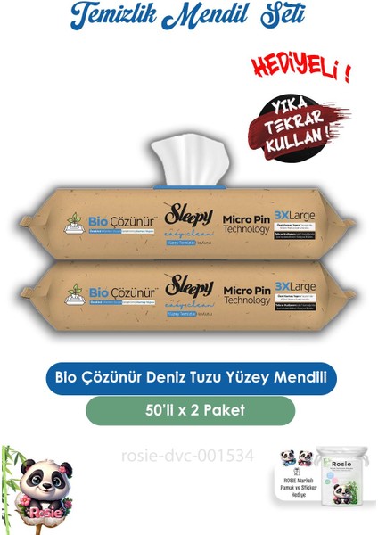 2 Adet Bio Çözünür Yüzey Temizlik Havlusu Deniz Tuzu 50'li ve Rosıe