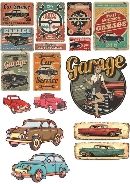 Car Service Vintage Serisi 13'lü Sticker
