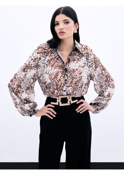 Leopar Desenli Nakışlı Gömlek - Vizon