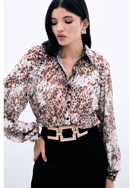 Leopar Desenli Nakışlı Gömlek - Vizon