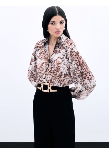 Leopar Desenli Nakışlı Gömlek - Vizon