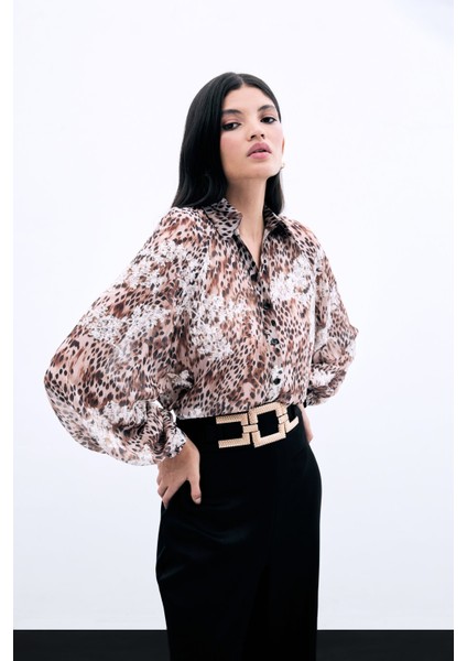 Leopar Desenli Nakışlı Gömlek - Vizon fırsatları