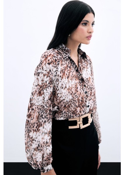 Leopar Desenli Nakışlı Gömlek - Vizon indirimleri