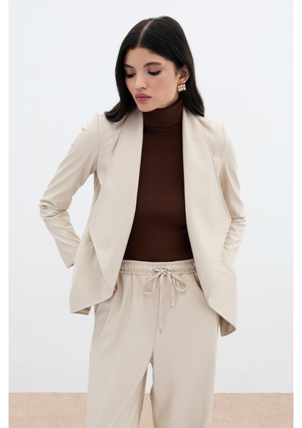 Geniş Yaka Deri Ceket - Taş