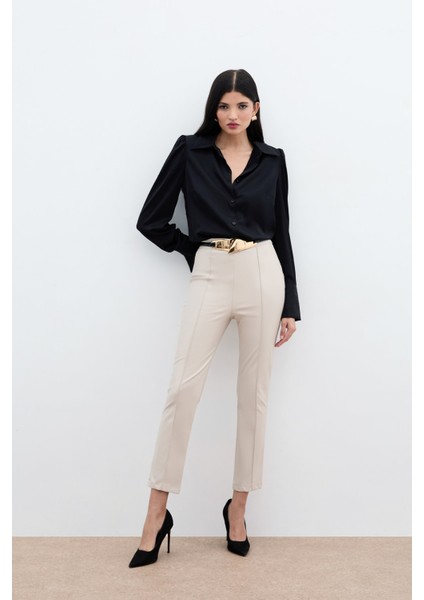 Yüksek Bel Deri Pantolon - Taş