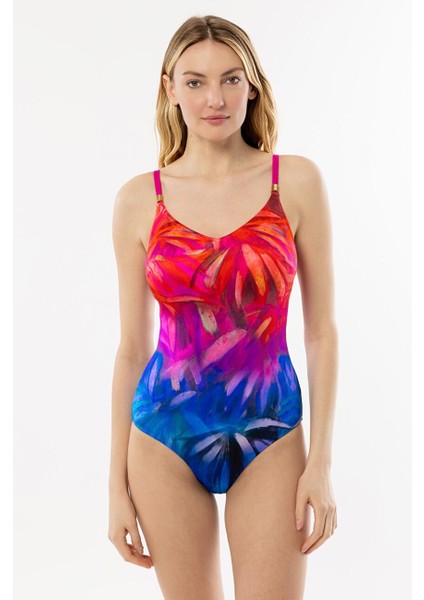 4303 Mor Fuşya Desenli Toparlayıcı Mayo