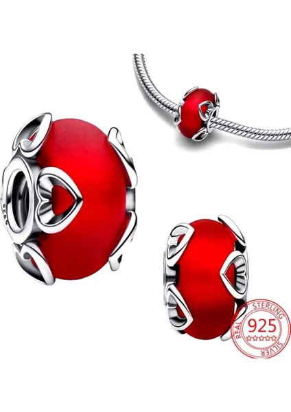 Buzlu Kırmızı Murano ve Kalpler Gümüş Charm fiyatları