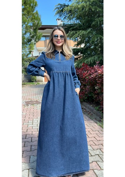 Premium Kalite Taş Süslemeli Yazlık Denim Kot Elbise Tesettür Jean Elbise 140 cm