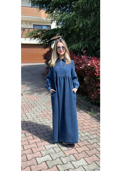 Premium Kalite Taş Süslemeli Yazlık Denim Kot Elbise Tesettür Jean Elbise 140 cm