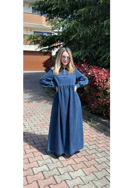 Premium Kalite Taş Süslemeli Yazlık Denim Kot Elbise Tesettür Jean Elbise 140 cm