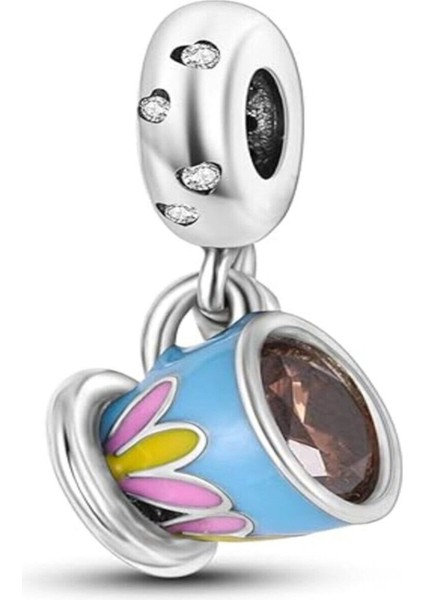 Renkli Kahve Fincanı Sallantılı Gümüş Charm