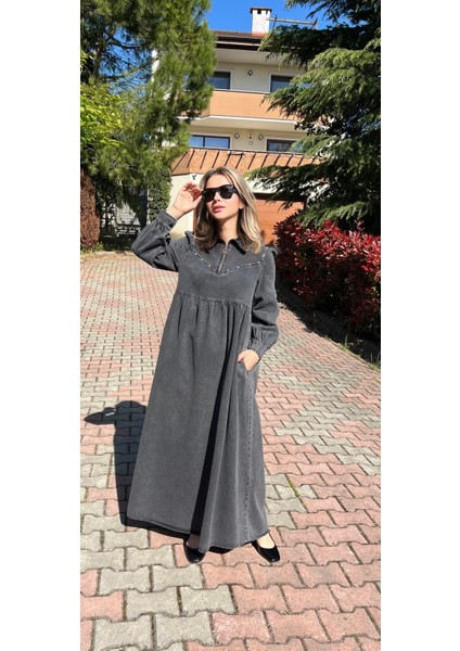 Premium Kalite Taş Süslemeli Yazlık Denim Kot Elbise Tesettür Jean Elbise 140 cm