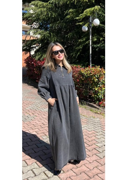 Premium Kalite Taş Süslemeli Yazlık Denim Kot Elbise Tesettür Jean Elbise 140 cm