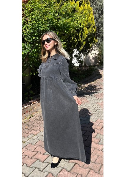 Premium Kalite Taş Süslemeli Yazlık Denim Kot Elbise Tesettür Jean Elbise 140 cm