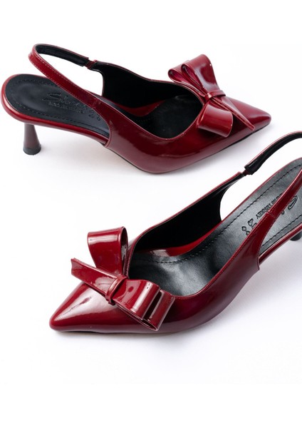 İnf-4501 Bordo Rugan Günlük Arkası Açık Fiyonklu Topuklu Bayan Ayakkabı modelleri