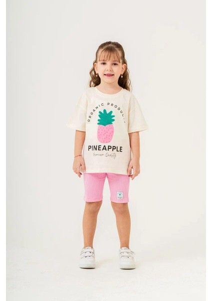 Ananas Nakışlı Alt Fitilli Şort Tayt Kız Çocuk Alt Üst Takım