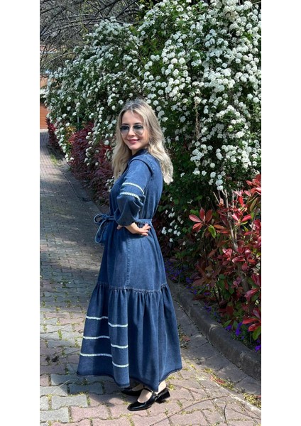 Premium Kalite Dantel Detaylı Kot Elbise Tesettür Uyumlu Denim Elbise modelleri