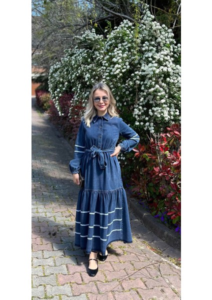Premium Kalite Dantel Detaylı Kot Elbise Tesettür Uyumlu Denim Elbise fırsatları