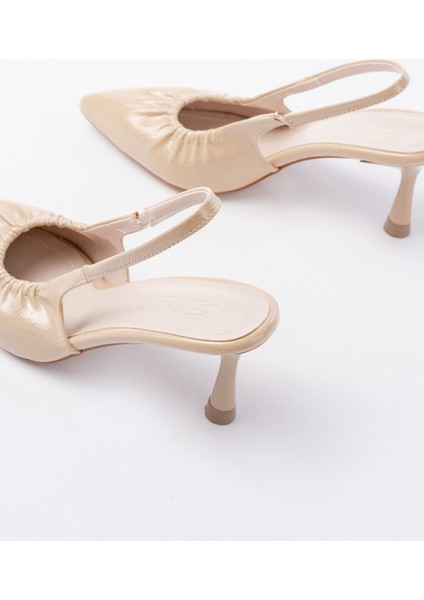 İnf-40451 Bej Kırışık Rugan Günlük Arkası Açık Topuklu Bayan Ayakkabı modelleri