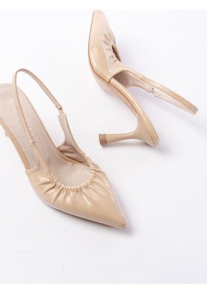 İnf-40451 Bej Kırışık Rugan Günlük Arkası Açık Topuklu Bayan Ayakkabı indirimleri
