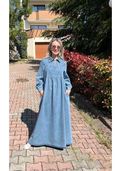 Premium Kalite Taş Süslemeli Yazlık Denim Kot Elbise Tesettür Jean Elbise 140 cm