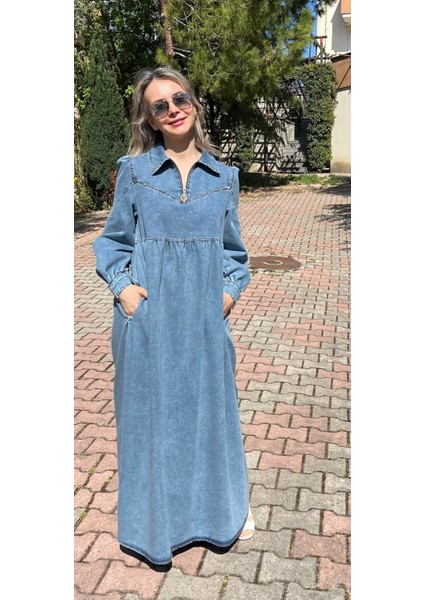 Premium Kalite Taş Süslemeli Yazlık Denim Kot Elbise Tesettür Jean Elbise 140 cm