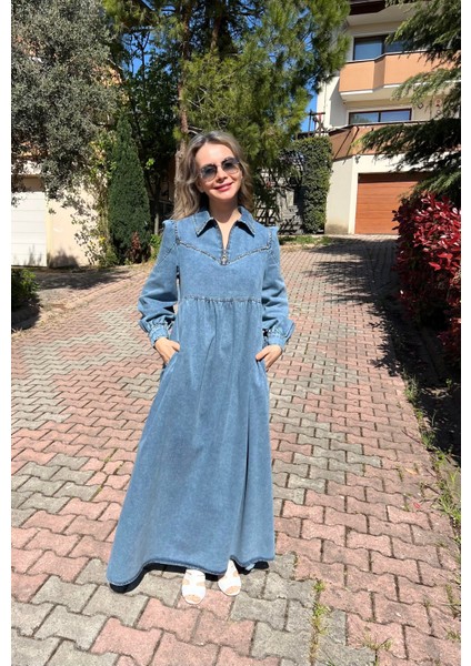 Premium Kalite Taş Süslemeli Yazlık Denim Kot Elbise Tesettür Jean Elbise 140 cm