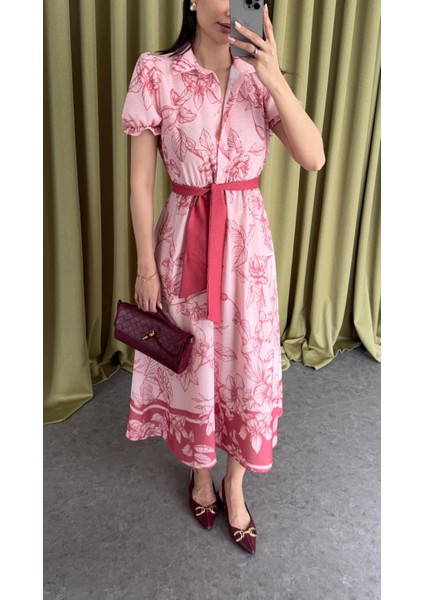 Kolları Fırfırlı Pembe Elbise