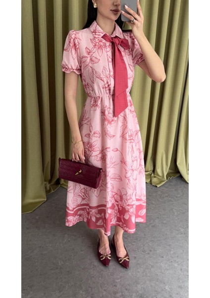 Kolları Fırfırlı Pembe Elbise