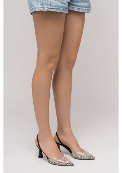 V-1005 Gümüş Günlük Arkası Açık Taşlı Topuklu Bayan Ayakkabı