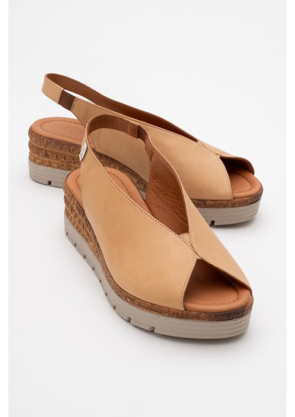 Kadın Dolgu Topuk Comfort Günlük Sandalet Deri Zy 8094 Karamel