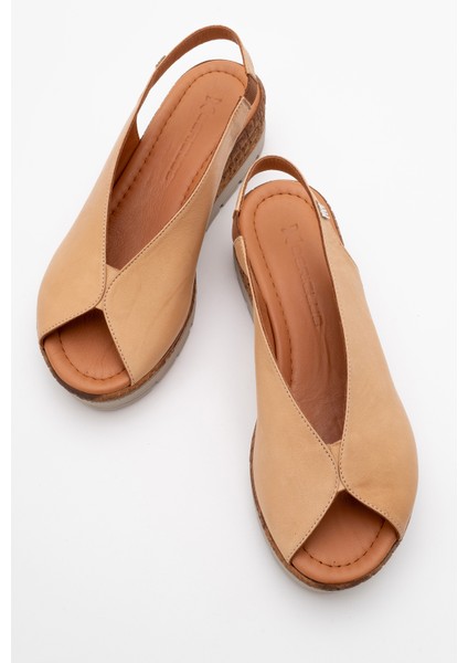 Kadın Dolgu Topuk Comfort Günlük Sandalet Deri Zy 8094 Karamel