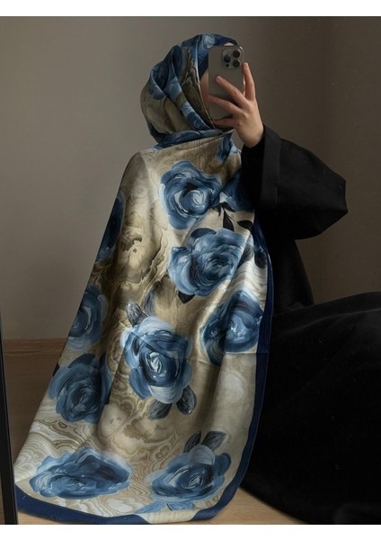 Pamuklu Rose Desen Şal- Lacivert