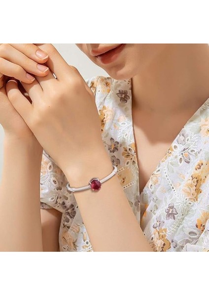 Fuşya Gül Oval Kabaşon Tılsım Gümüş Charm