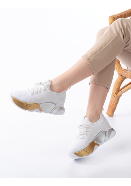 Rs-400 Bej Bağcıklı Fileli Renkli Taban Günlük Kadın Spor