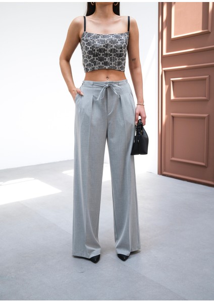 Kadın Beli Lastik ve Bağcıklı Geniş Paça Pantolon indirimleri