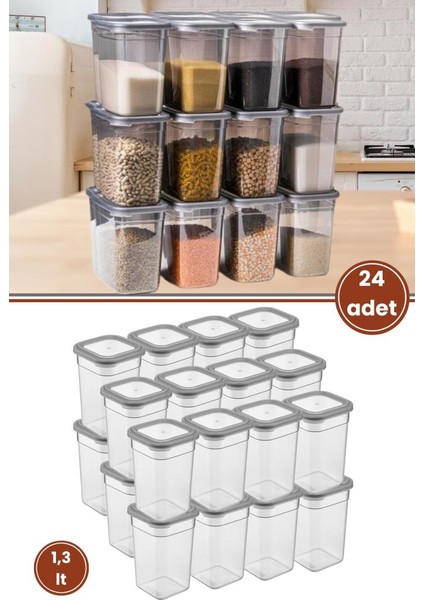 Kare Erzak Saklama Kabı 24'lü Set, Gıda Baharat Bakliyat Saklama Kabı Orta Boy 24X(1,3 Lt)
