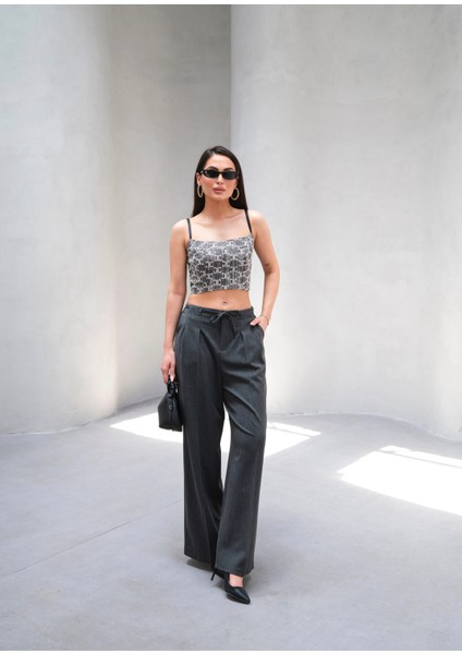 Kadın Beli Lastik ve Bağcıklı Geniş Paça Pantolon