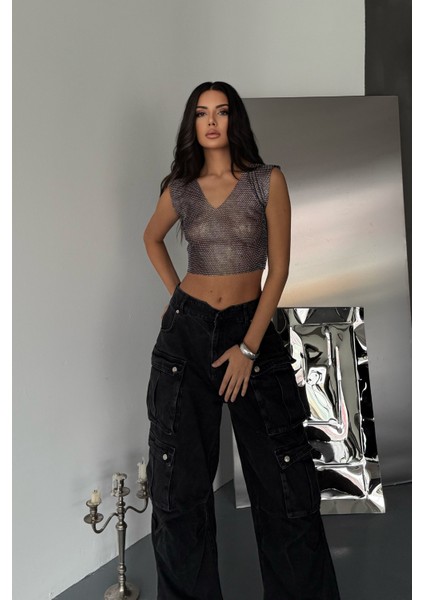 Taşlı Likralı Kolsuz Crop Bluz