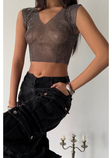 Taşlı Likralı Kolsuz Crop Bluz