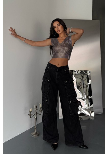 Taşlı Likralı Kolsuz Crop Bluz