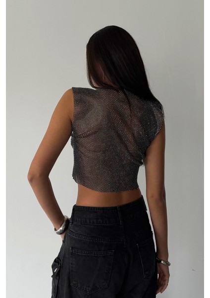 Taşlı Likralı Kolsuz Crop Bluz