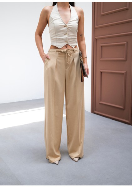 Kadın Beli Lastik ve Bağcıklı Geniş Paça Pantolon modelleri