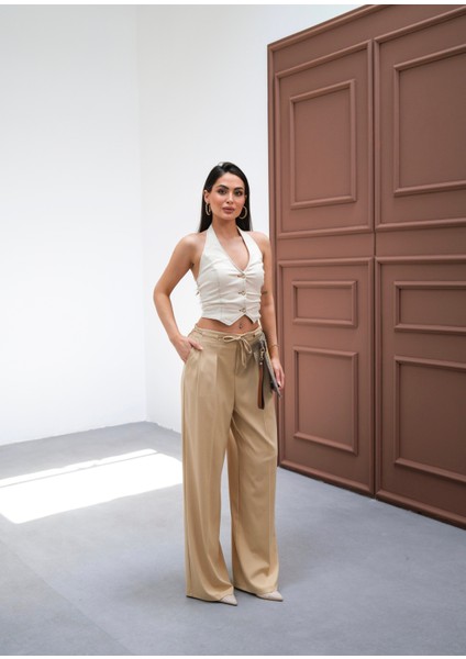 Kadın Beli Lastik ve Bağcıklı Geniş Paça Pantolon fırsatları