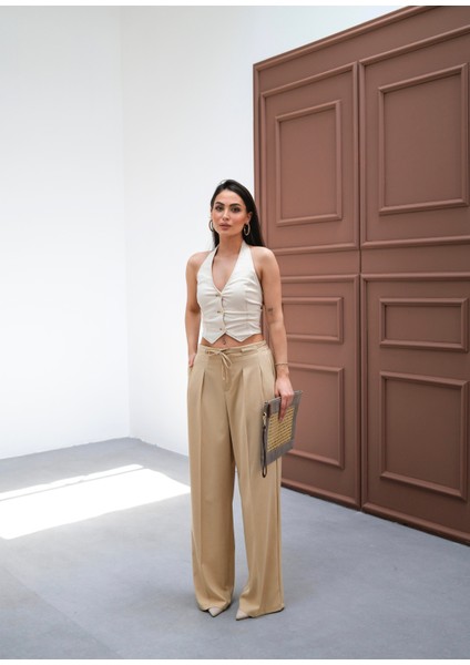 Kadın Beli Lastik ve Bağcıklı Geniş Paça Pantolon indirimleri